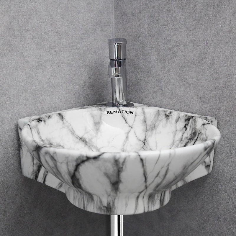 REMOTION Wall Mounted Wash Basin for Bathroom Ceramic Wash Basin Wall Hung Small Corner Wash BasinSink 163 x 138 x 43 Inch White Black Stripe - Image 4