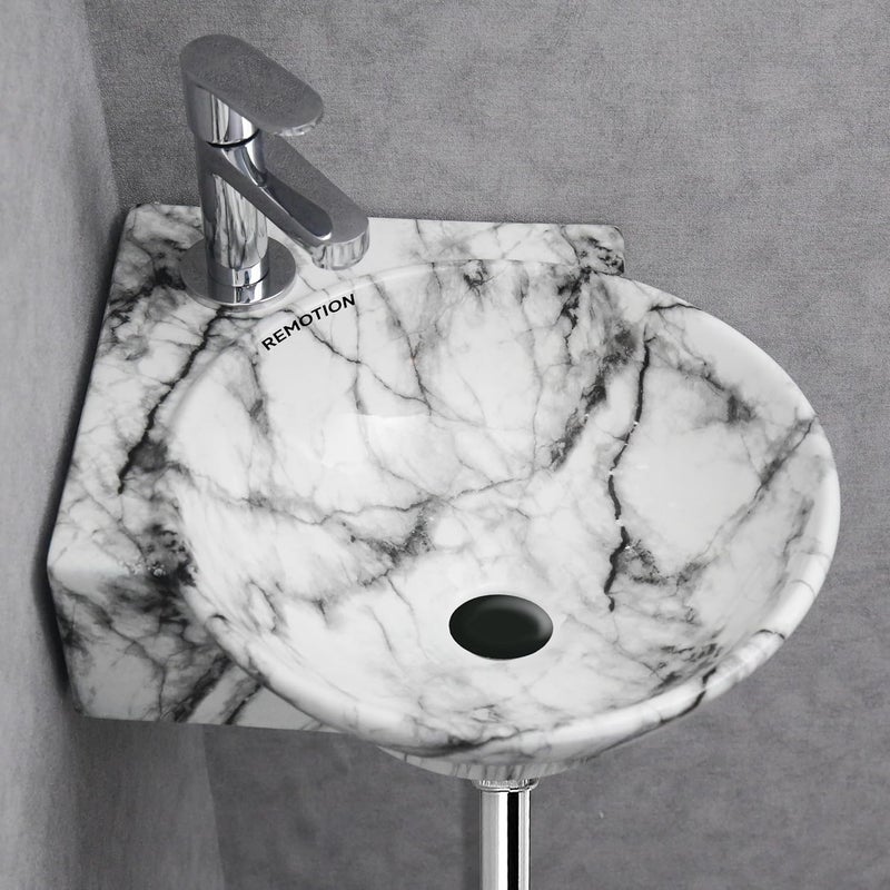 REMOTION Wall Mounted Wash Basin for Bathroom Ceramic Wash Basin Wall Hung Small Corner Wash BasinSink 163 x 138 x 43 Inch White Black Stripe - Image 1