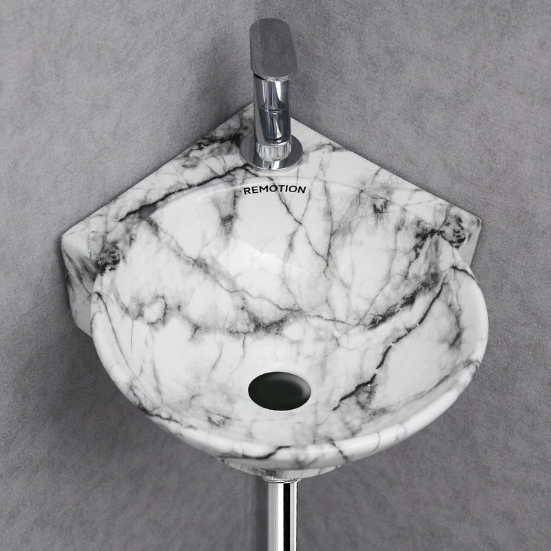 REMOTION Wall Mounted Wash Basin for Bathroom Ceramic Wash Basin Wall Hung Small Corner Wash BasinSink 163 x 138 x 43 Inch White Black Stripe - Image 3