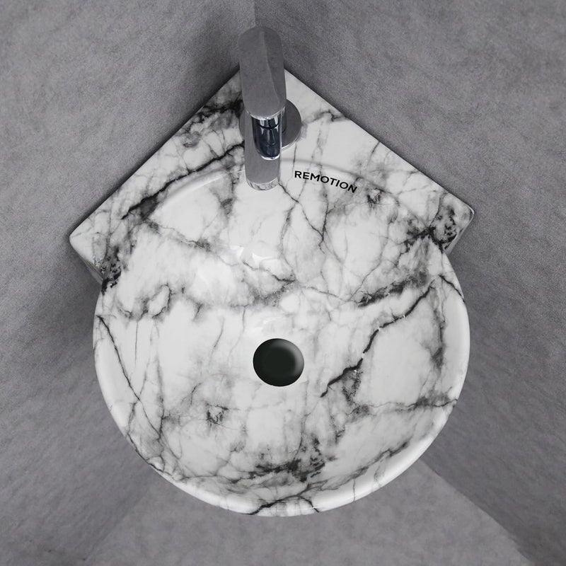 REMOTION Wall Mounted Wash Basin for Bathroom Ceramic Wash Basin Wall Hung Small Corner Wash BasinSink 163 x 138 x 43 Inch White Black Stripe - Image 2