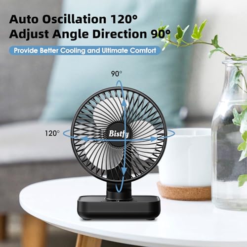Bistfy Desk Fan 5.5'' Small Fan Ultra-Silent, 120° Oscillating, 90° Adjustable Head Tilt, with Digital Display 4 Speed Portable USB Rechargeable Table Fan Ideal for Home, Bedroom, Office (Black) - Image 5