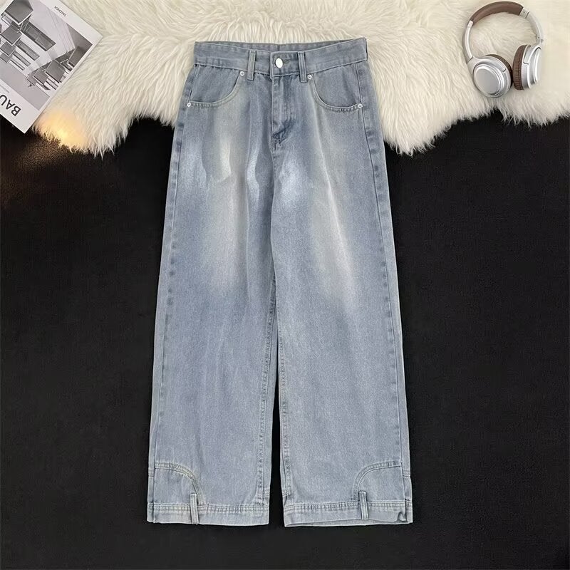 Unisex Retro High-Street Washed Jean Hip-Hop Loose Wide-Leg Blue