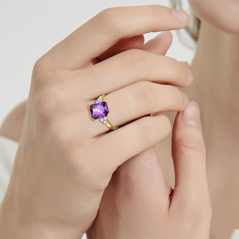 Yaresul Women's Purple Ring 925 Sterling Silver Amethyst Ring 14K Gold Plated Amethyst Engagement Ring February Birthstone Rings Prong Setting Cubic Zirconia Size 8 - Image 5