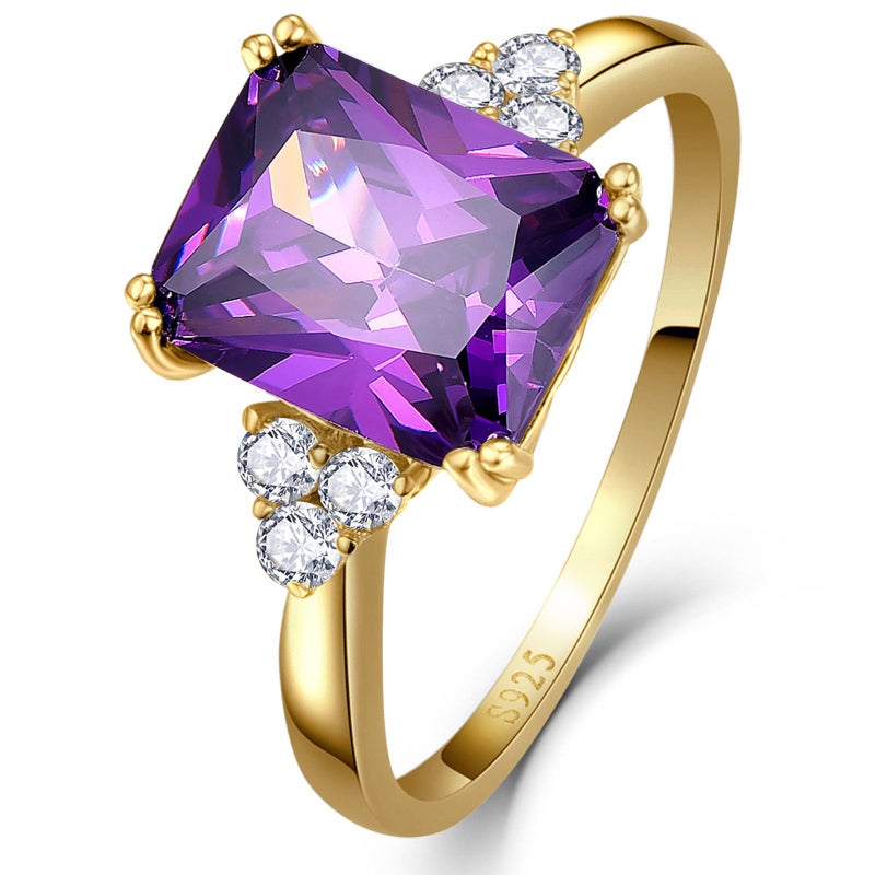 Yaresul Women's Purple Ring 925 Sterling Silver Amethyst Ring 14K Gold Plated Amethyst Engagement Ring February Birthstone Rings Prong Setting Cubic Zirconia Size 8 - Image 1