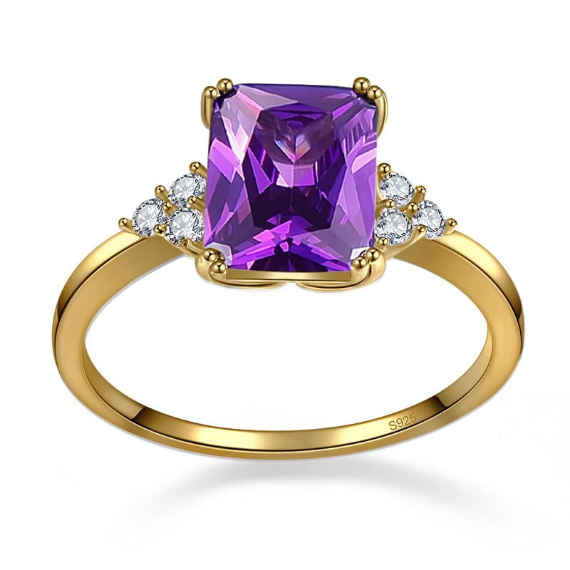 Yaresul Women's Purple Ring 925 Sterling Silver Amethyst Ring 14K Gold Plated Amethyst Engagement Ring February Birthstone Rings Prong Setting Cubic Zirconia Size 8 - Image 3