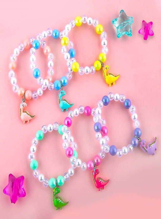 Niceup 6pcs Little Girl Dinosaur Bracelets Toy Gifts Piniata Stuffers Party Favors Fillers for Play Jewelry Birthday Return Gift Stretchy Beaded Bracelet Set with Glittering Charms - Image 4