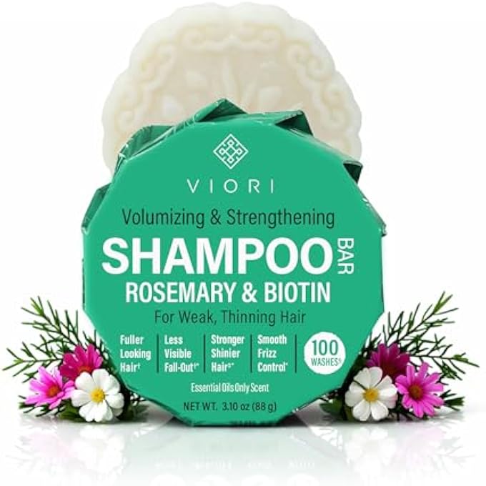 Viori Rosemary Shampoo Bar with Biotin - Rice Water Shampoo Bar for Thinning Hair - Strengthening, Shine, Scalp Care - Plastic Free - Travel Friendly