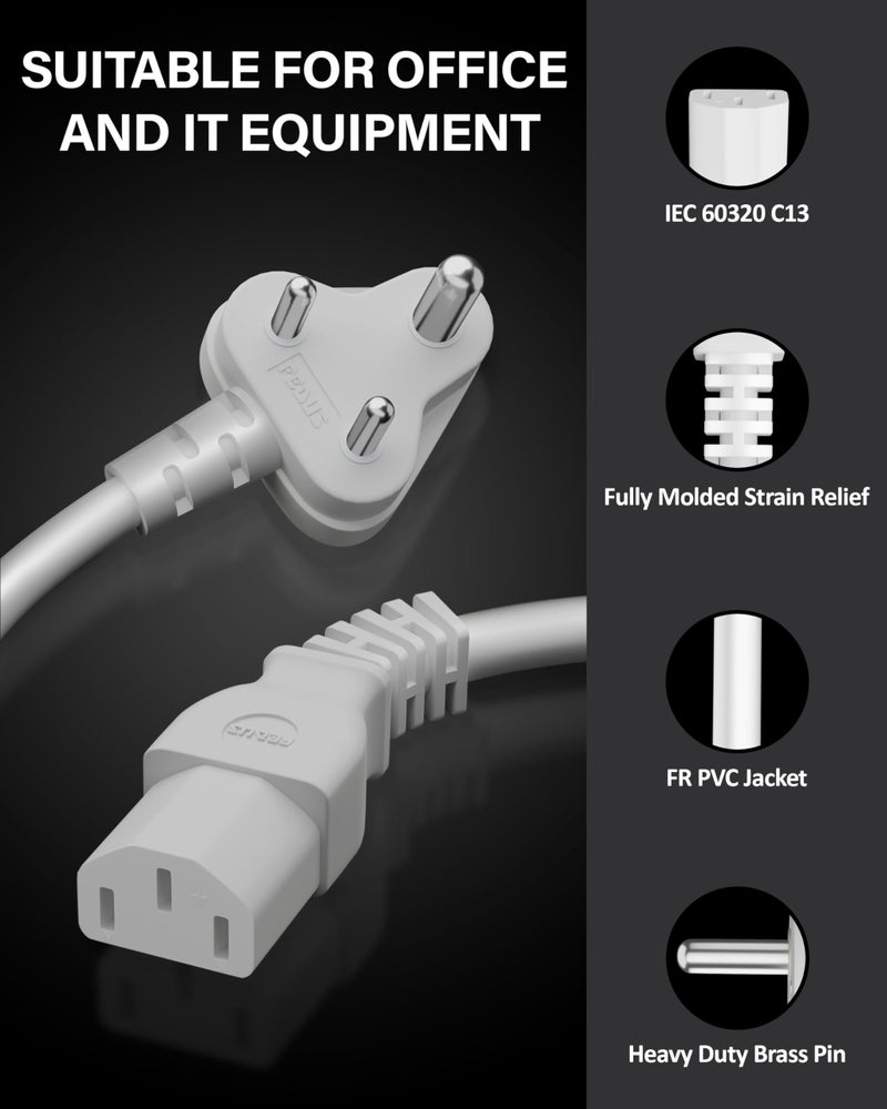 FEDUS Power Cord 3 Meter Replacement India Plug IEC Computer Mains Power Cable Cord Wire for Desktop 3 pin Power Cable for PC, Monitor SMPS and Printer, Power Supply, TV White - Image 4