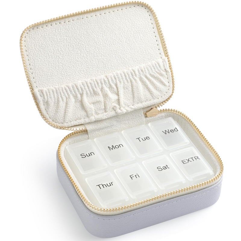 NGVRC Genuine Leather Travel Pill Organizer Box Case 1 Times a Day for Purse for Women, Cute Medicine Pill Holder Containers for Vitamin Small Weekly Daily 7 Day Am Pm Pill Organizer(Purple) - Image 1