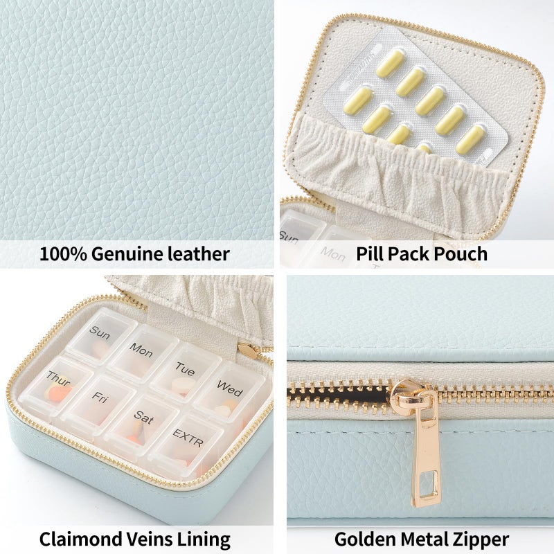 NGVRC Genuine Leather Travel Pill Organizer Box Case 1 Times a Day for Purse for Women, Cute Medicine Pill Holder Containers for Vitamin Small Weekly Daily 7 Day Am Pm Pill Organizer(Purple) - Image 4