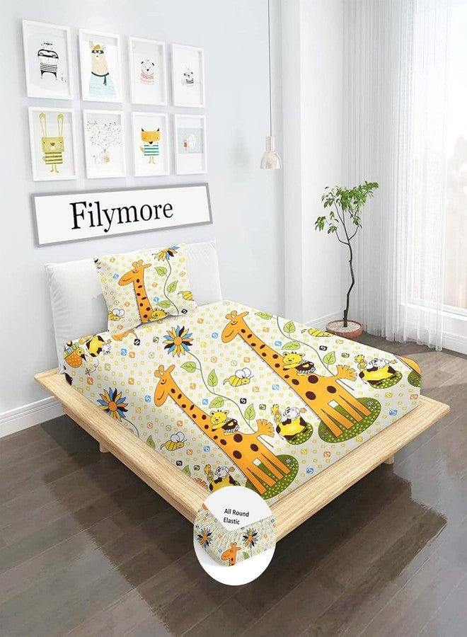 Filymore Kids Giraffe Elastic Fitted Bedsheet for Single Bed (72x36 inches), Pure Microfiber, 1 Bedsheet & 1 Pillow Covers, Fits Up to 6 inches. Available in Small Size.Cream - Image 1