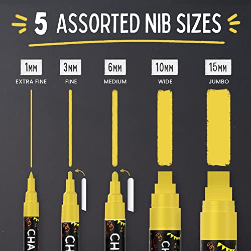 Chalkola 5 Gold Chalkboard Chalk Markers - Gold Dry Erase Markers for Blackboard, Chalkboard Signs, Windows, Glass | Variety Pack - Fine & Jumbo Size Ink Pen (1mm, 3mm, 6mm, 10mm, 15mm) - Image 2