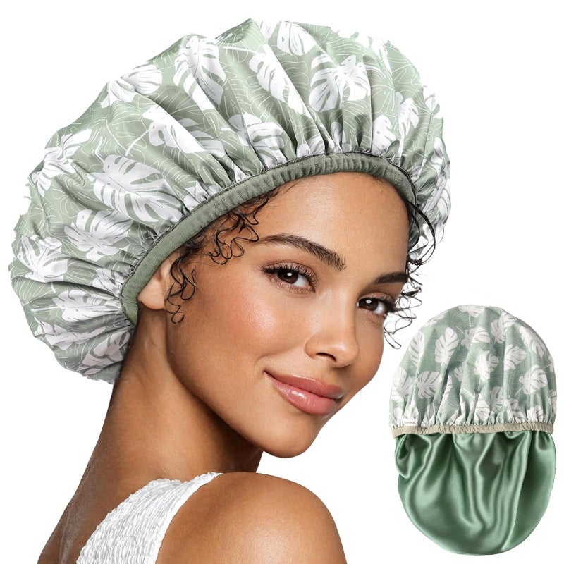 Yanibest Shower Cap for Women Hair Satin Bonnet Shower Cap for Women Waterproof Extra Large Double Layer Reusable Adjustable for Braids Long Hair