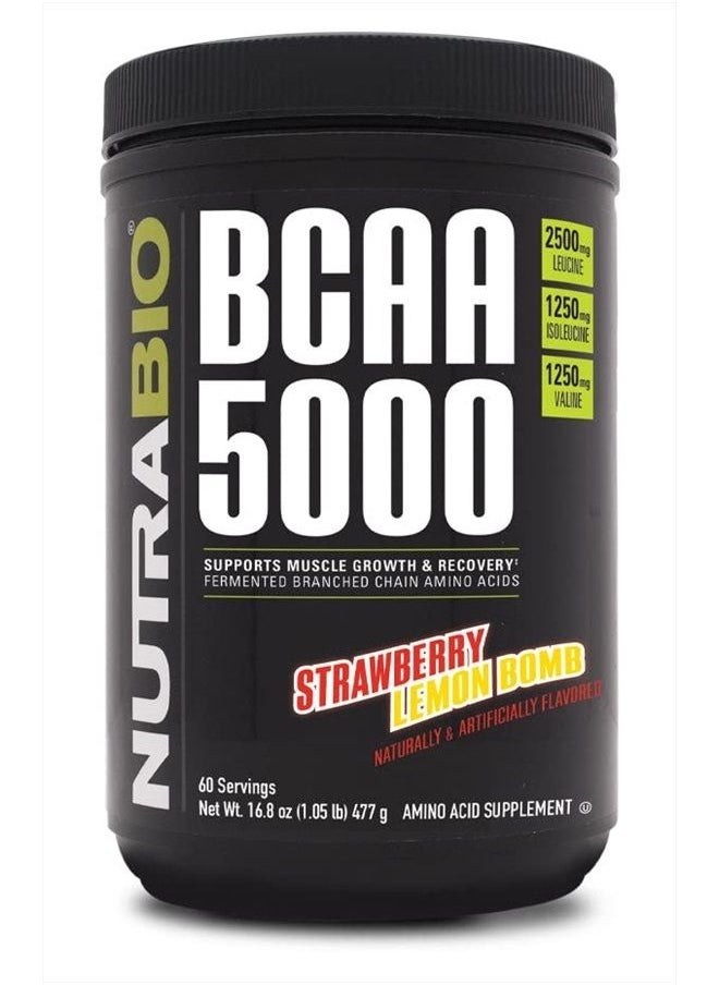 NutraBio - BCAA 5000 Powder - Vegan Fermented BCAAs - Supports Lean Muscle Growth, Recovery, Endurance - Zero Fat, Sugar, and Carbs - 60 Servings - Strawberry Lemon Bomb - Image 1