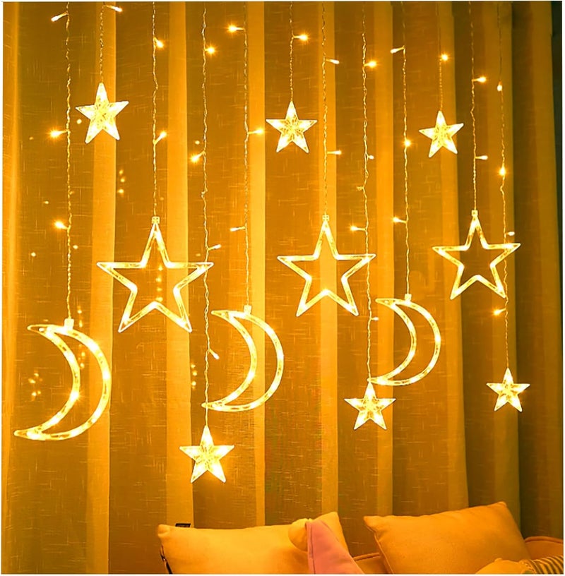SCIENISH 3.5M Decorative Starry String LED Night String Lights Stars Shaped And Moon Curtain Decorative Lights Holiday Decoration Ramadan Gift，USB and Battery Powered (Warm White, Battery+USB) - Image 1