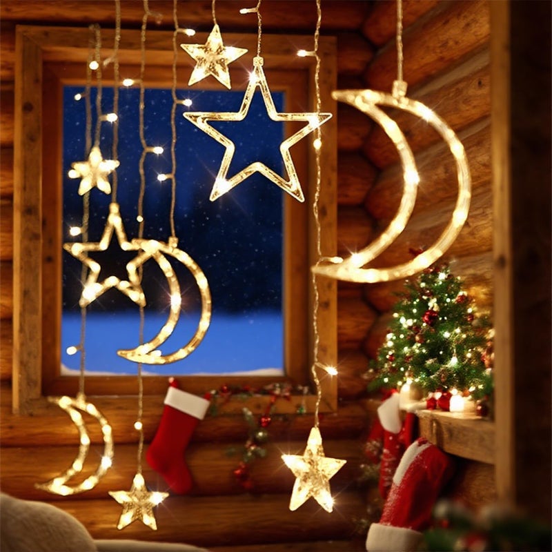 SCIENISH 3.5M Decorative Starry String LED Night String Lights Stars Shaped And Moon Curtain Decorative Lights Holiday Decoration Ramadan Gift，USB and Battery Powered (Warm White, Battery+USB) - Image 5