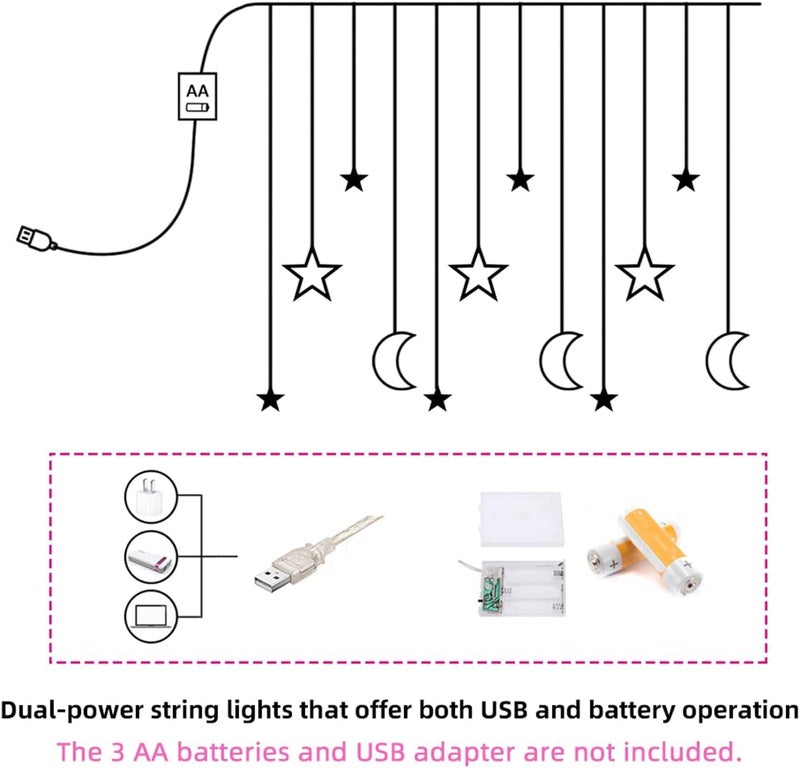 SCIENISH 3.5M Decorative Starry String LED Night String Lights Stars Shaped And Moon Curtain Decorative Lights Holiday Decoration Ramadan Gift，USB and Battery Powered (Warm White, Battery+USB) - Image 2