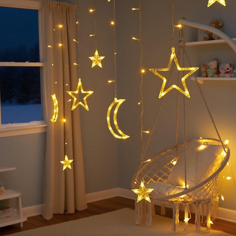 SCIENISH 3.5M Decorative Starry String LED Night String Lights Stars Shaped And Moon Curtain Decorative Lights Holiday Decoration Ramadan Gift，USB and Battery Powered (Warm White, Battery+USB) - Image 3