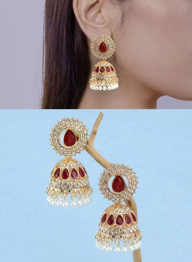 Ruby Jhumka Earrings for Ladies - Gold Plated Traditional Indian Ethnic Jewelry with Crystal & Pearl Tassels, Luxury Festive Wedding Earrings - Image 1