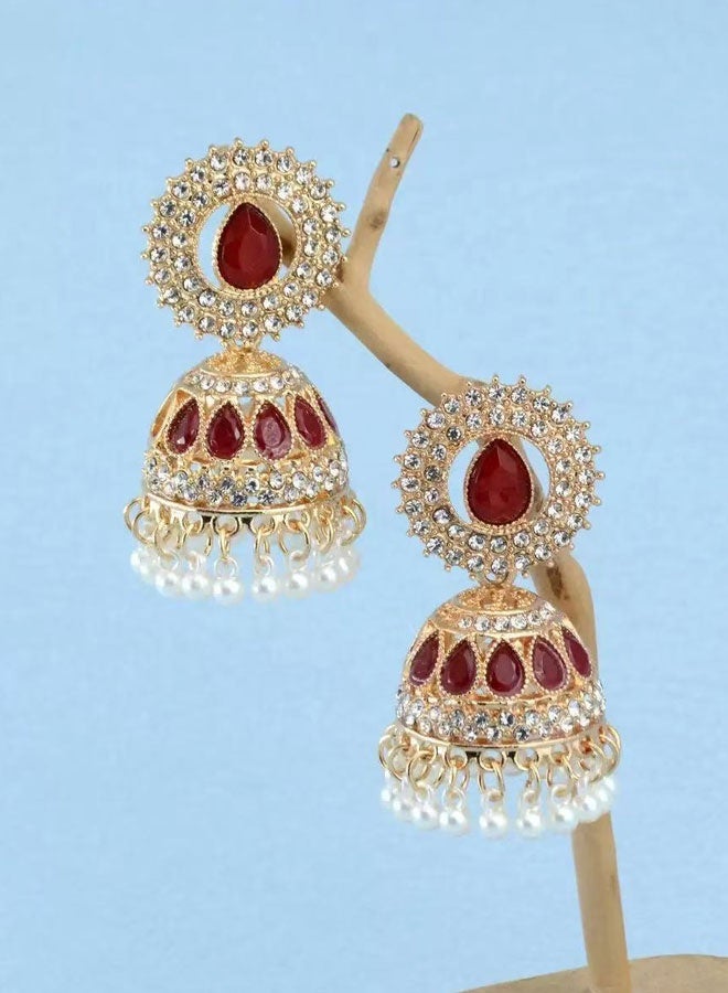 Ruby Jhumka Earrings for Ladies - Gold Plated Traditional Indian Ethnic Jewelry with Crystal & Pearl Tassels, Luxury Festive Wedding Earrings - Image 3