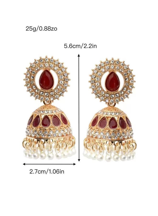 Ruby Jhumka Earrings for Ladies - Gold Plated Traditional Indian Ethnic Jewelry with Crystal & Pearl Tassels, Luxury Festive Wedding Earrings - Image 4