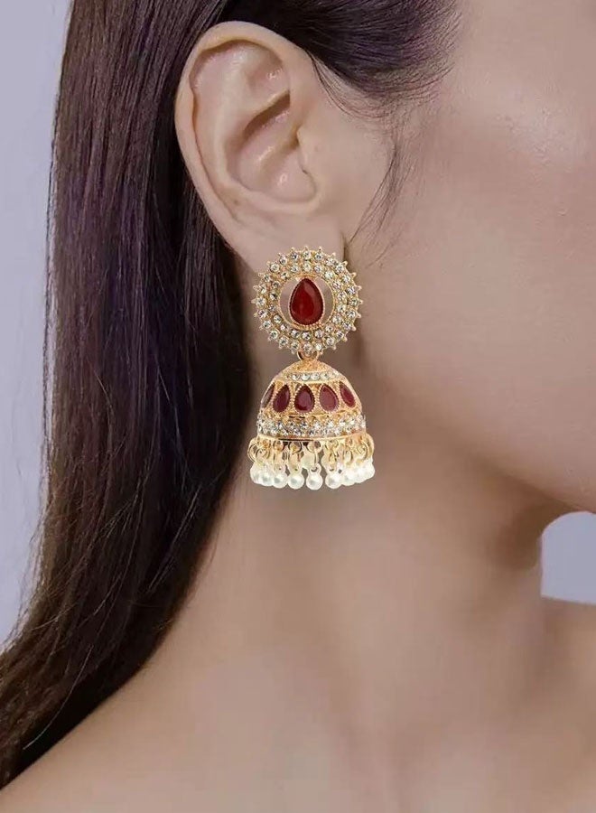 Ruby Jhumka Earrings for Ladies - Gold Plated Traditional Indian Ethnic Jewelry with Crystal & Pearl Tassels, Luxury Festive Wedding Earrings - Image 2