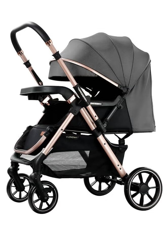 Riolio - Two-Way Baby Stroller | Excellent Shock Absorber | Front and Parent Facing | Large Canopy and Seat | 5-Point Harness | Cup Holder | Large Basket | Quick Folding | 0-36 Months |Grey - Image 1