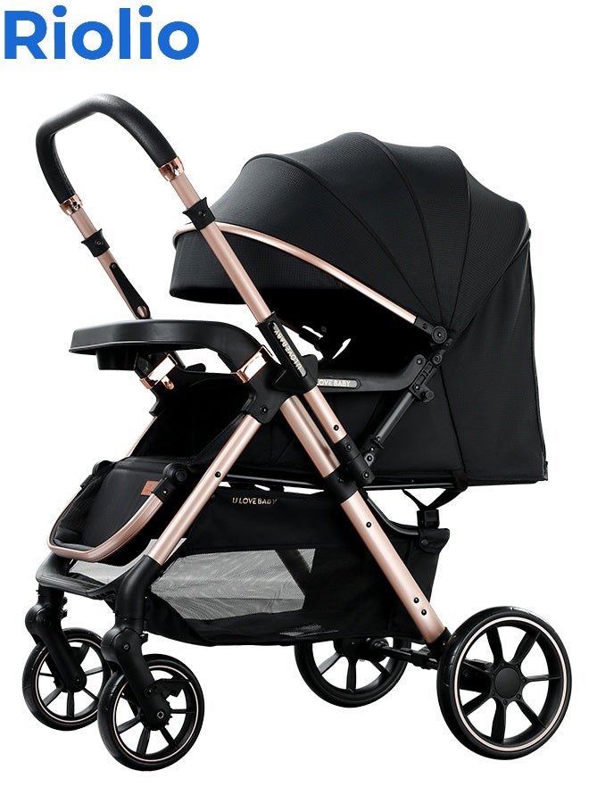 Riolio Two-Way Baby Stroller | Excellent Shock Absorber | Front and Parent Facing | Large Canopy and Seat | 5-Point Harness | Cup Holder | Large Basket | Quick Folding | 0-60 Months |Black - Image 1