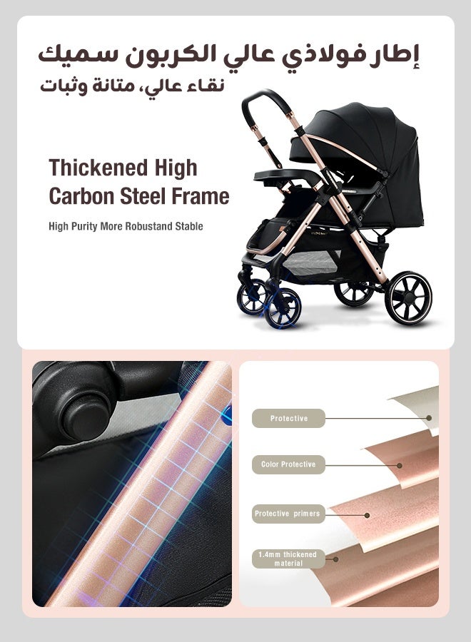 Riolio Two-Way Baby Stroller | Excellent Shock Absorber | Front and Parent Facing | Large Canopy and Seat | 5-Point Harness | Cup Holder | Large Basket | Quick Folding | 0-60 Months |Black - Image 5