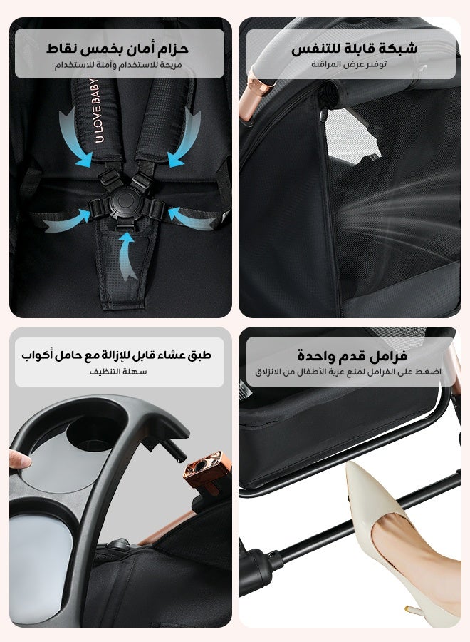 Riolio Two-Way Baby Stroller | Excellent Shock Absorber | Front and Parent Facing | Large Canopy and Seat | 5-Point Harness | Cup Holder | Large Basket | Quick Folding | 0-60 Months |Black - Image 3