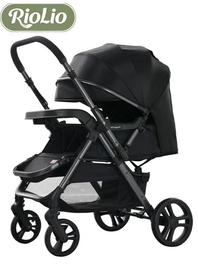 ريوليو عربة أطفال ثنائية الاتجاه | ممتصة للصدمات بشكل ممتاز | مواجهة للأمام وللأهل | مظلة ومقعد كبيران | حزام أمان بخمس نقاط | حامل أكواب | سلة كبيرة | قابلة للطي بسرعة | من 0 إلى60 شهرًا | باللون الأسود - Image 1