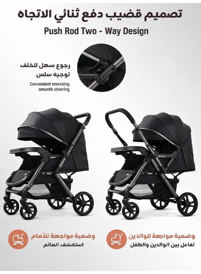 ريوليو عربة أطفال ثنائية الاتجاه | ممتصة للصدمات بشكل ممتاز | مواجهة للأمام وللأهل | مظلة ومقعد كبيران | حزام أمان بخمس نقاط | حامل أكواب | سلة كبيرة | قابلة للطي بسرعة | من 0 إلى60 شهرًا | باللون الأسود - Image 2