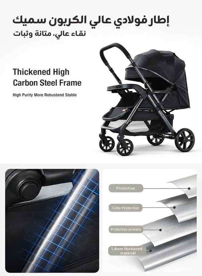 ريوليو عربة أطفال ثنائية الاتجاه | ممتصة للصدمات بشكل ممتاز | مواجهة للأمام وللأهل | مظلة ومقعد كبيران | حزام أمان بخمس نقاط | حامل أكواب | سلة كبيرة | قابلة للطي بسرعة | من 0 إلى60 شهرًا | باللون الأسود - Image 5