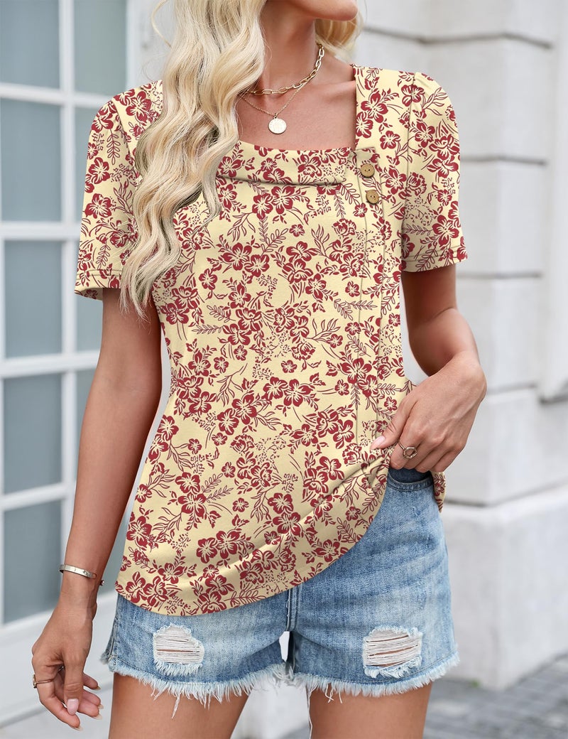 LUYAA Blouses for Women Dressy Casual Womens Summer Outfits Women's Short Sleeve Shirts Asymmetric Square Neck Tops Apricot Red Floral XL - Image 2