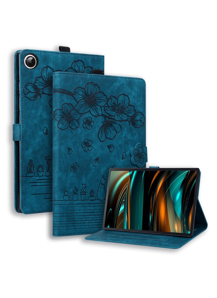 For Samsung Galaxy Tab A11 X133 X130/Tab A9 Case Card Slots Leather Tablet Stand Folio Cover Flower Cat - Blue - Image 1