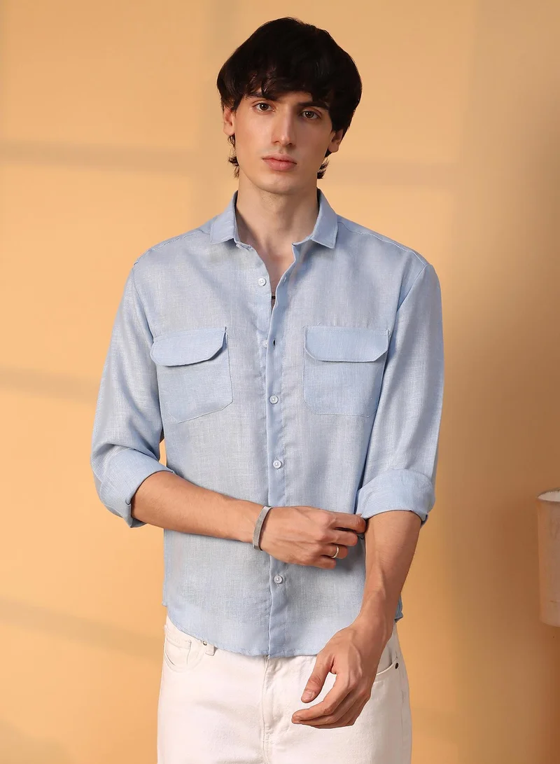 Campus Sutra Men's Powder Blue Solid Utility Shirt