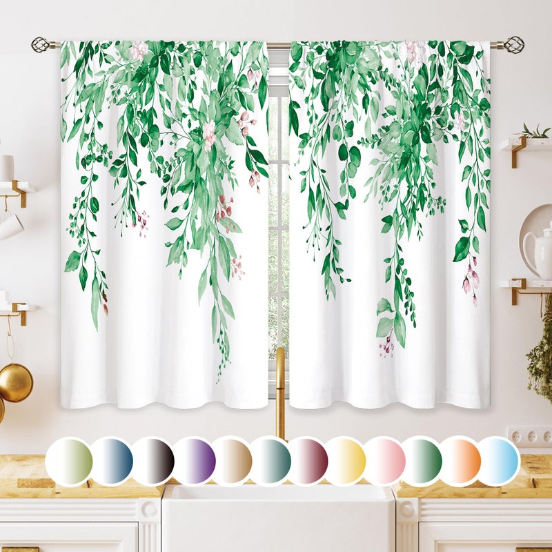 oolygoo Emerald Teal Eucalyptus Botanical Leaves Floral Kitchen Window Curtains Over Sink Farmhouse Flower Spring Small Treatment Cafe Short Curtains for Bathroom Treatment Tier Drapes 27.5x39 inch - Image 1