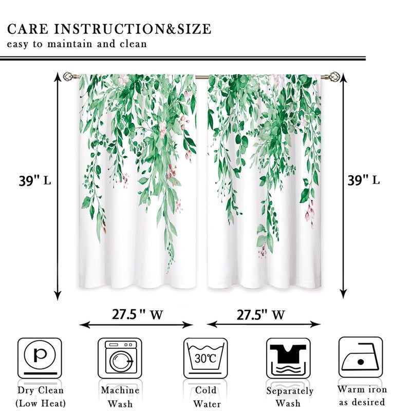 oolygoo Emerald Teal Eucalyptus Botanical Leaves Floral Kitchen Window Curtains Over Sink Farmhouse Flower Spring Small Treatment Cafe Short Curtains for Bathroom Treatment Tier Drapes 27.5x39 inch - Image 2