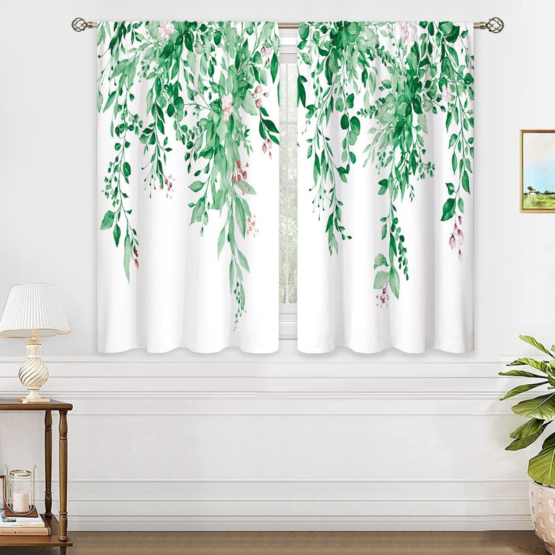 oolygoo Emerald Teal Eucalyptus Botanical Leaves Floral Kitchen Window Curtains Over Sink Farmhouse Flower Spring Small Treatment Cafe Short Curtains for Bathroom Treatment Tier Drapes 27.5x39 inch - Image 4