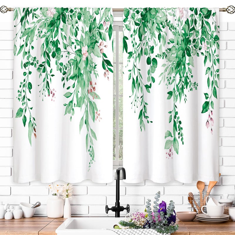 oolygoo Emerald Teal Eucalyptus Botanical Leaves Floral Kitchen Window Curtains Over Sink Farmhouse Flower Spring Small Treatment Cafe Short Curtains for Bathroom Treatment Tier Drapes 27.5x39 inch - Image 3