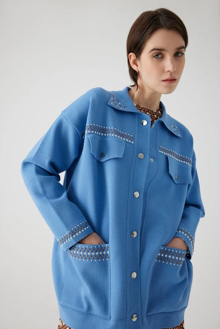 EXQUISE Oversize Cardigan with Embellished Pocket and Collar Details