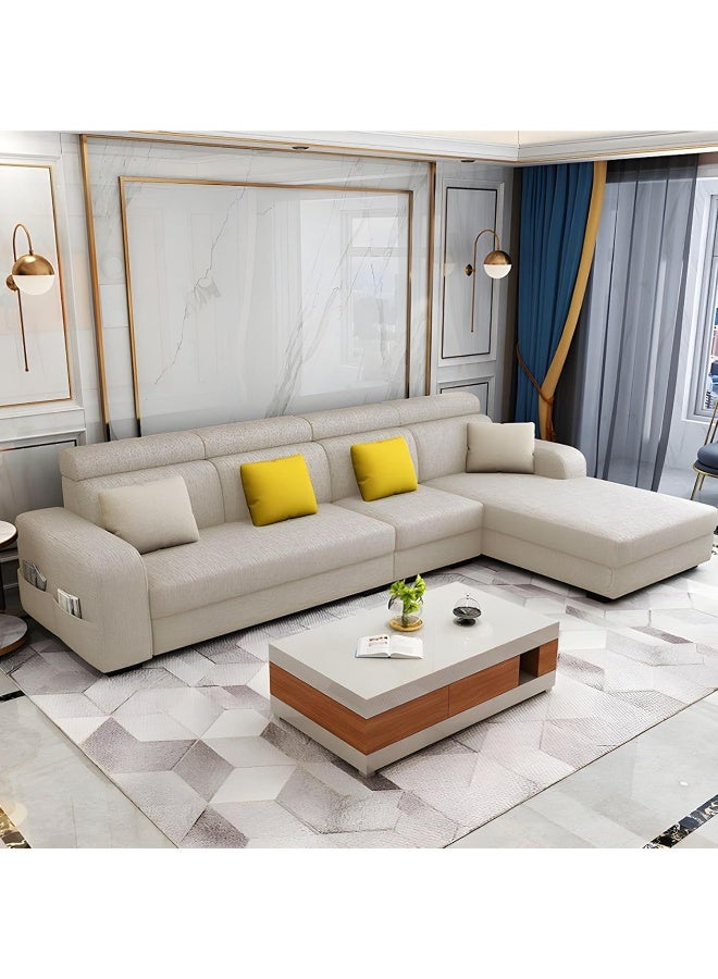 Poppins Home Stylish Retro 4-Seater Sofa with Chaise Lounge  Square Arm Design in Premium Fabric Upholstery (Beige, LEFT BED) - Image 1