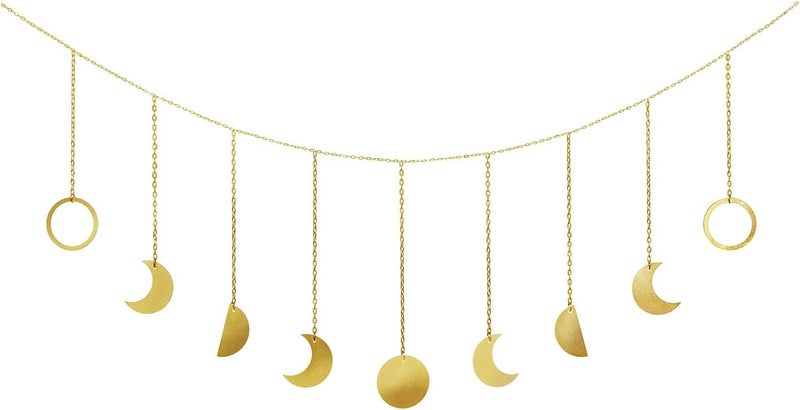 Mkono Mkono Moon Phase Wall Hanging Boho Aesthetic Room Decor Metal Moons Garland Hanging Art Bohemian Home Decoration for Girls Room Nursery Bedroom Livingroom Dorm Ideal Gold 50 
