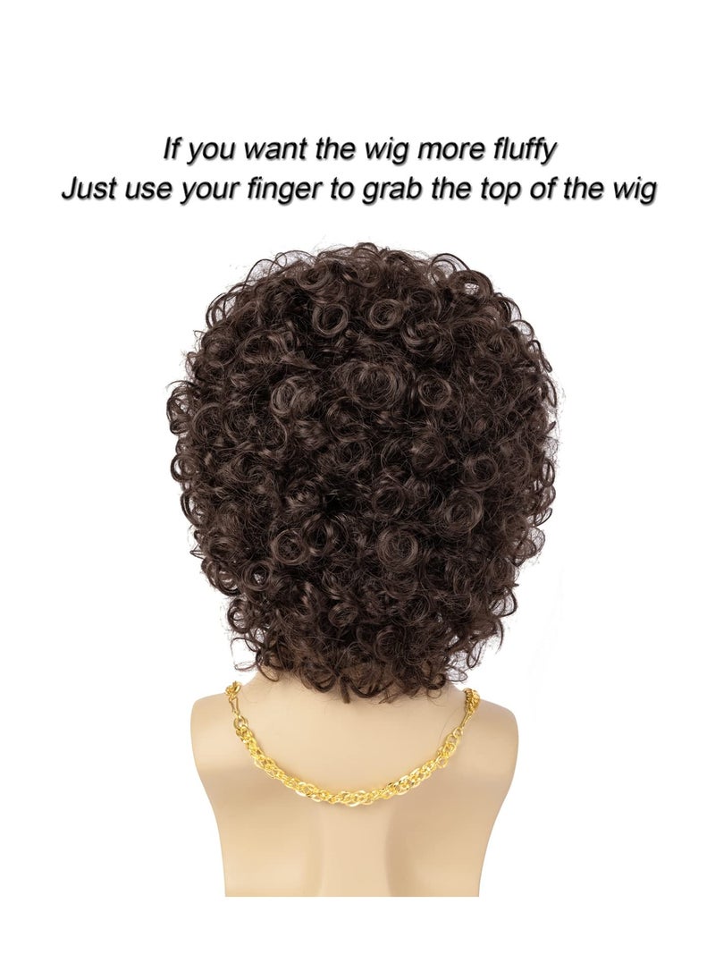 Generic - Short Brown Curly Afro Wig for Men 70s Disco Costume with Accessories Natural Fluffy Synthetic Hair - Image 1