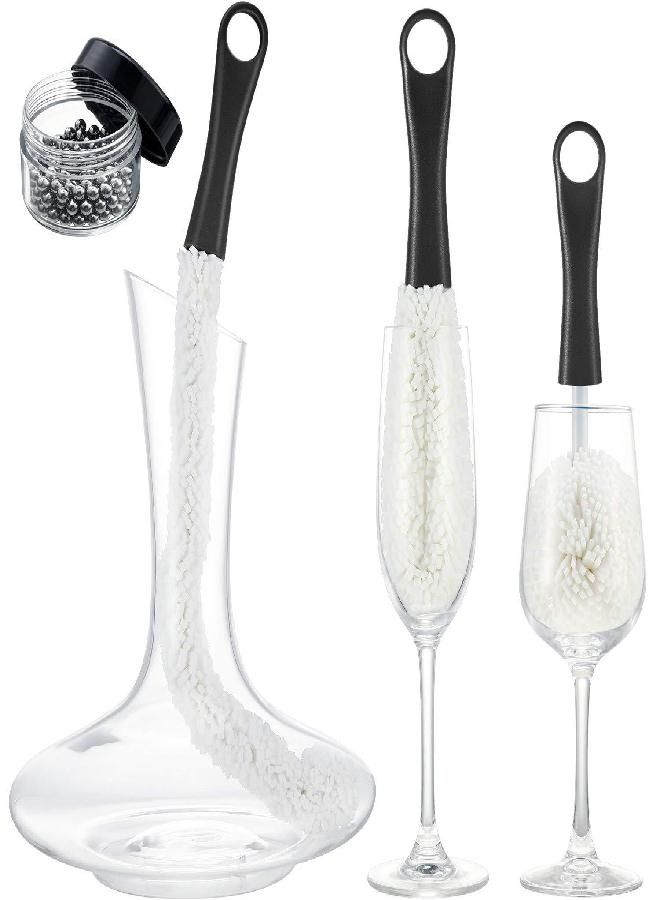 BOAO 3 Pieces Wine Decanter Cleaning Brush Flexible Bottle Scourer with Stainless Steel Decanter Cleaning Balls Multi-Function Household Cleaning Tools for Goblets/Champagne Flutes/Cups/Glasses (Black) - Image 1