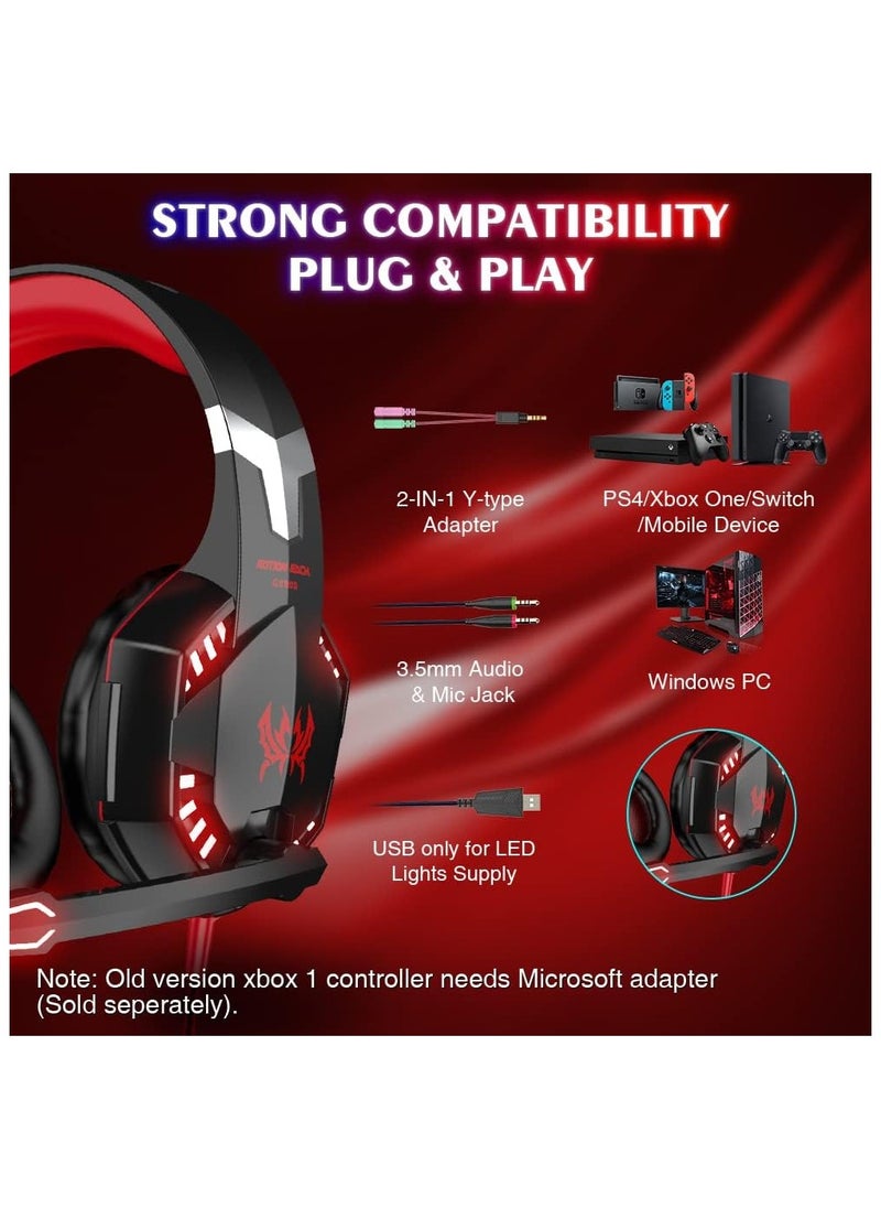 Generic - G2000 Gaming Headset, Surround Stereo Gaming Headphones with Noise Cancelling Mic, LED Light & Soft Memory Earmuffs, Works with Xbox One, PS4, Nintendo Switch, PC Mac Computer Games - Red, Wired - Image 1