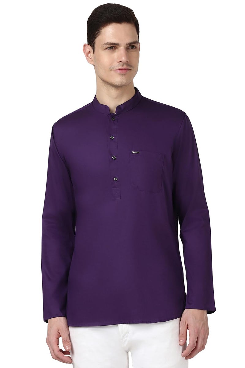 Peter England Men's Everyday Festive Solid Short Kurta Cotton Purple - Image 1