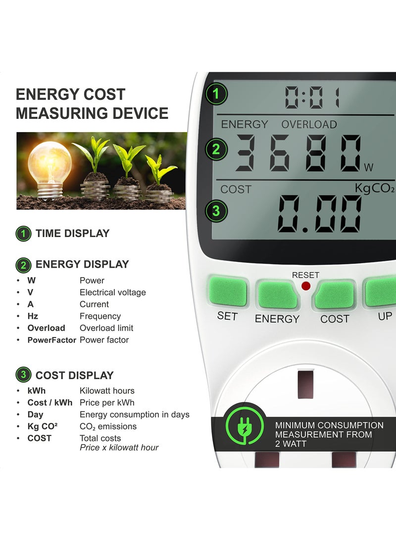 KASTWAVE Power Meter Energy Monitor UK Plug, Watt Meter Power Consumption Analyzer with LCD Display, Energy Monitor, Overload Protection Voltage Amps KWH Analyzer for Home Appliances - Image 3