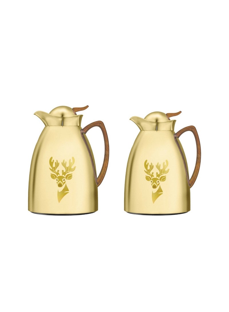 Saif Plus Stainless Steel Tea & Coffee 2 Pcs Thermos/Flasks Set. 1 Liter & 700ML- Gold Matte Wooden - Image 2
