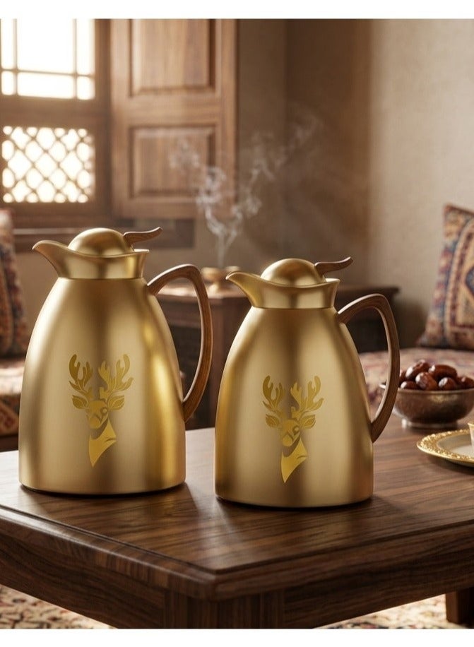 Saif Plus Stainless Steel Tea & Coffee 2 Pcs Thermos/Flasks Set. 1 Liter & 700ML- Gold Matte Wooden - Image 3